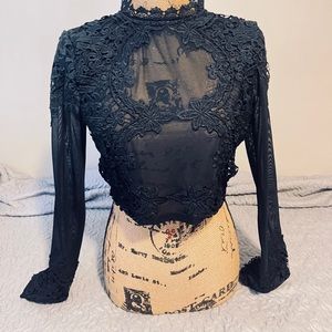 Gorgeous long sleeve black sheer crop top with embroidered details!